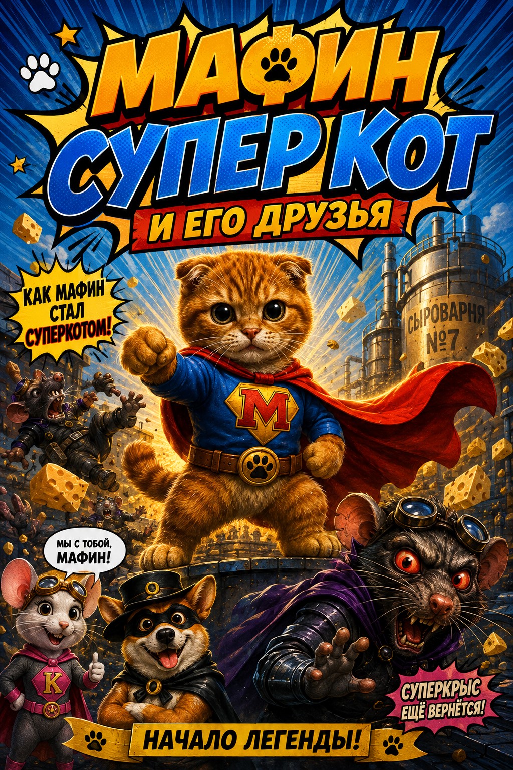 История о том, как обычный рыжий кот Мафин случайно получил суперсилы и впервые вступил в бой с Суперкрысом. Мафин: Рождение Суперкота