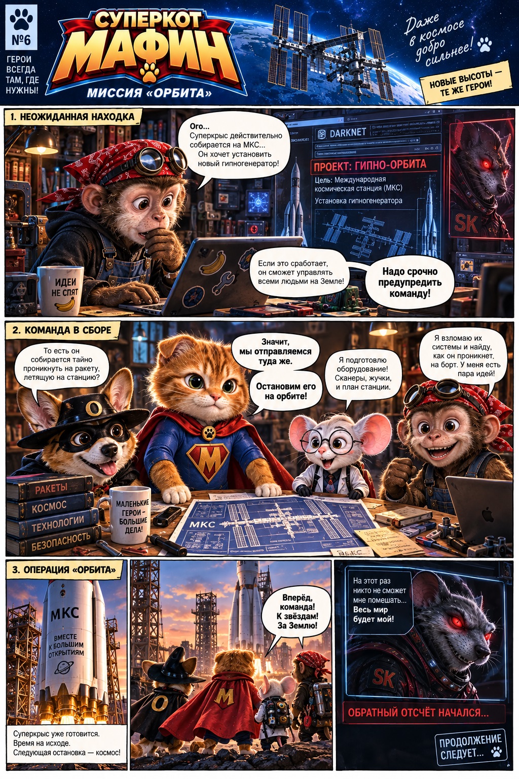 Суперкрыс решил покорить Землю из космоса. Но Мафин и его команда уже летят следом! Финальная миссия начинается — и кому-то предстоит незапланированное путешествие к Марсу. Суперкот Мафин: Миссия «Орбита»